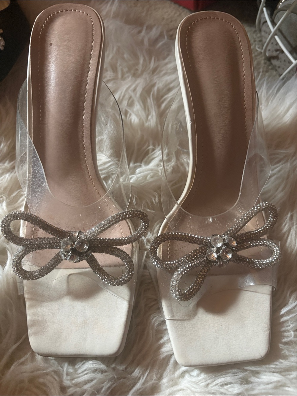 Clear Strap White Slide Heels with Crystal Bow